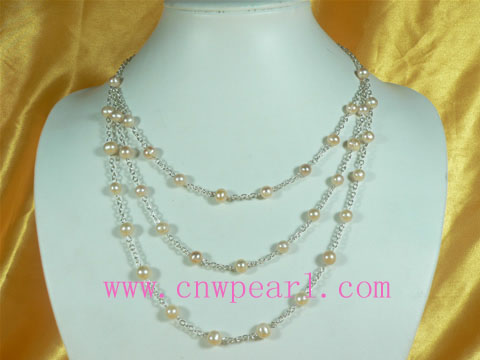 pink 7-8mm potato freshwater pearl with silver chains